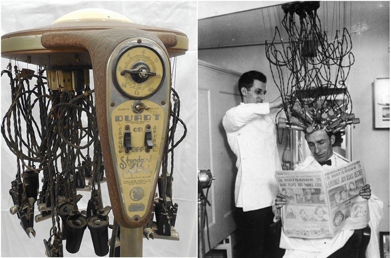 Слева - музейный экспонат. Справа - прибор  в работе. Перманентную укладку в то время делали даже мужчинам