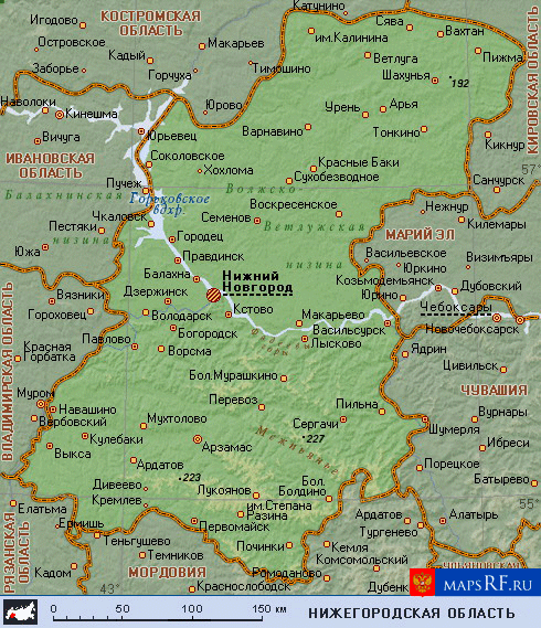 Карта нижегородской области с городами и поселками подробная