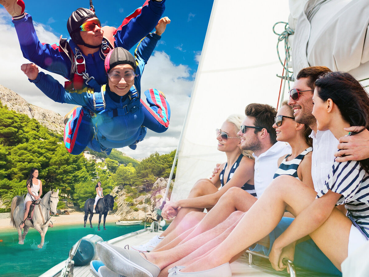 Прыжки с парашютом, полеты, гонки на аквабайках и квадроциклах, дайвинг, СПА, массажи, фотосессии, езда на лошадях и многое другое!