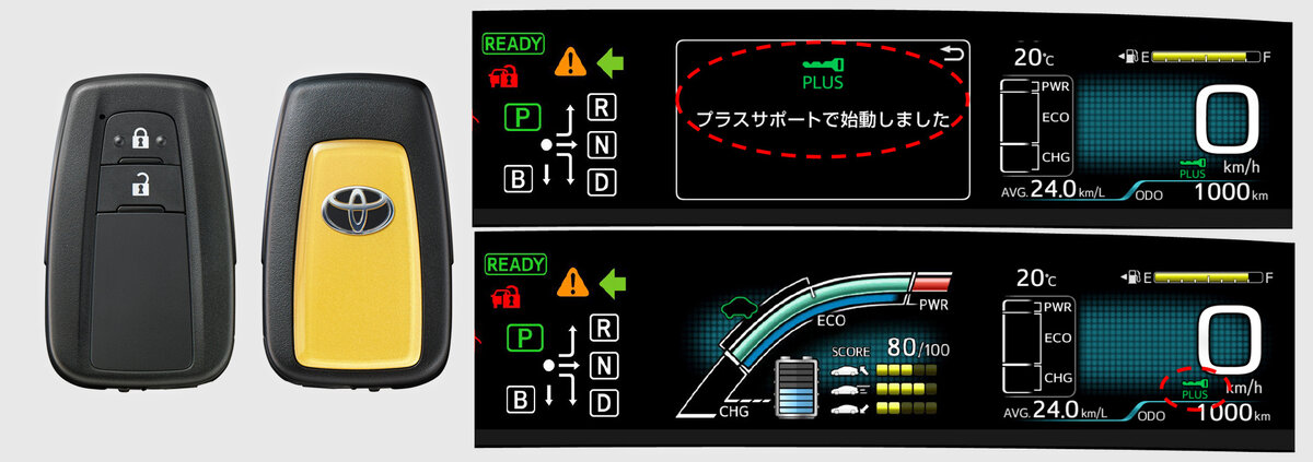 Ключ Plus Support Smart Key является дилерской опцией за 13 200 иен (8660 рублей). Если открывать машину им, на приборке высвечивается пиктограмма с зелёным ключом и словом Plus и остаётся в углу как напоминание о работе «страховки».