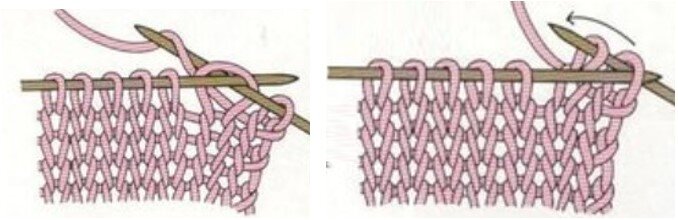 На рисунке слева - просто свяжите вторую петлю, как обычно. На рисунке справа - введите левую спицу в крайнюю правую петлю слева направо
