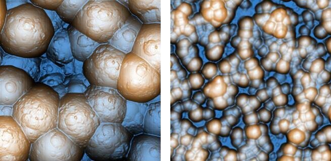 Рис. 1. Изображение полимера, полученного на АСМ XE7, с помощью метода True Non-Contact. Размер изображения 5 × 5 мкм (слева), 20 × 20 мкм (справа).