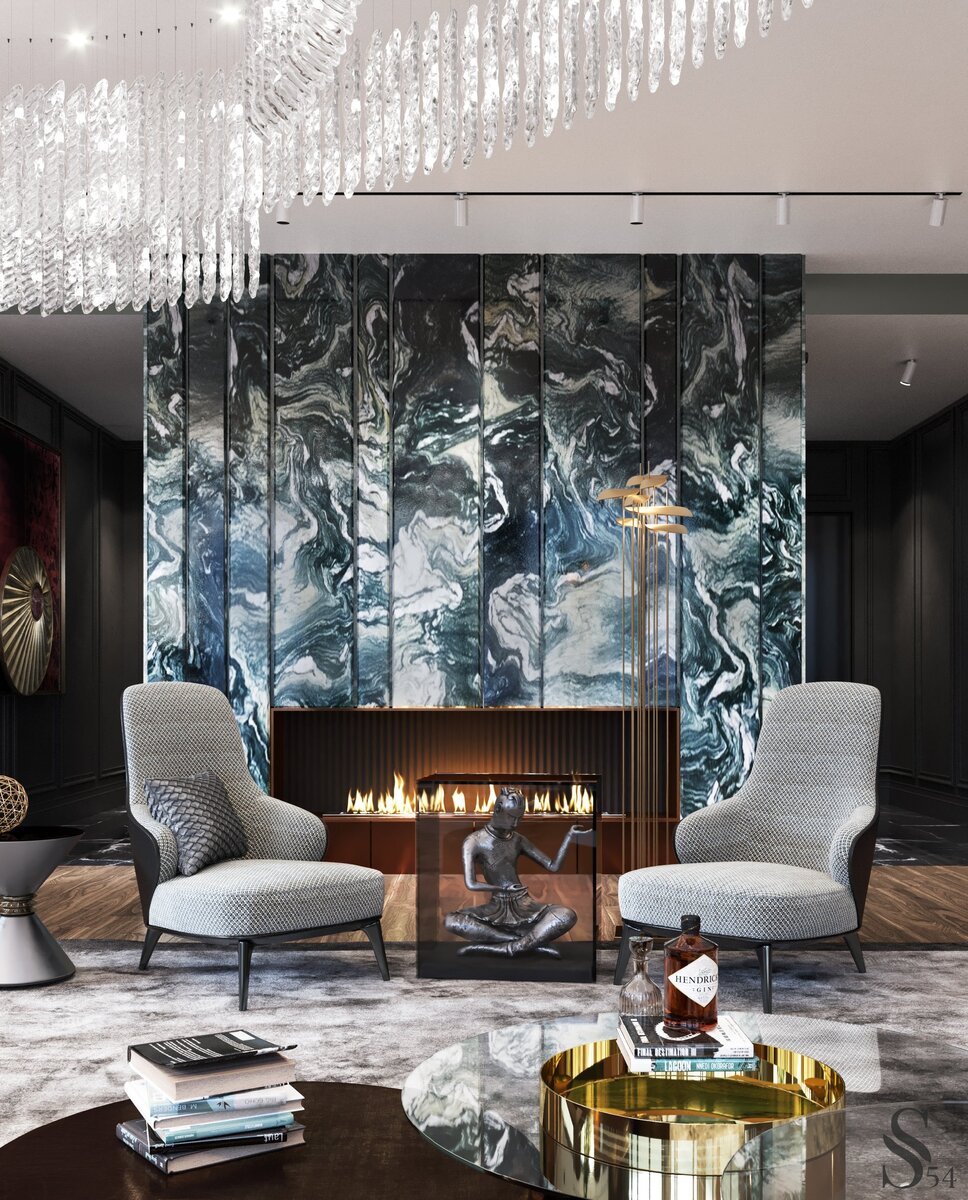 Роскошный мрамор, напоминающий океан, в гостиной в проекте в Москве