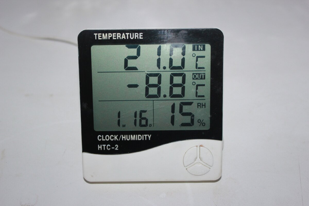 Показания параметров температуры внутри, снаружи помещения, влажности внутри помещения и текущей календарной даты. 