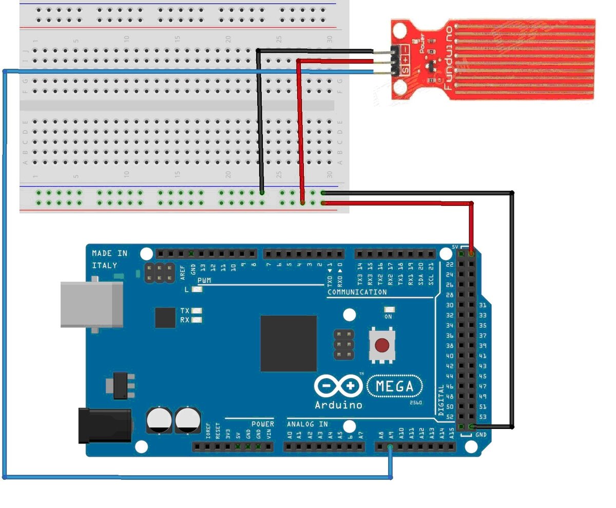 Одна из главных задач умного дома —  заботиться о своей сохранности, не допускать взломов, пожаров,  затоплений, и прочих повреждений. Вот о защите от протечек и затопления  мы сегодня и поговорим. Точнее сказать, пока только об обнаружении  протечек.
 Для обнаружения протечек будем использовать датчик воды.  Датчики воды предназначены для определения уровня воды в различных  емкостях, где недоступен визуальный контроль, с целью предупреждения  перенаполнения емкости водой через критическую отметку. Данный датчик  воды (рис. 4.12) – погружной. Чем больше погружение датчика в воду, тем  меньше сопротивление между двумя соседними проводами.
 
 
 Рис. 4.19. Датчик уровня воды.
 
 Датчик имеет три контакта для подключения к контроллеру.
 
 •    + – питание датчика;
 •    - – земля;
 •    S -  аналоговое значение.
 
 На вывод S подается аналоговое значение, которое можно передавать в  контроллер для дальнейшей обработки, анализа и принятия решений. Датчик  имеет красный светодиод, сигнализирующих о наличие поступающего на  датчик питания.
 Рассмотрим подключение датчика уровня воды к плате Arduino Mega и модулю NodeMcu ESP8266.
 
 4.4.1. Подключение датчика уровня воды к плате Arduino Mega
 
 Подключение датчика уровня воды к плате Arduino Mega мы будем  производить по аналоговому входу. Питание для датчика берем также с  платы Arduino. Схема соединений представлена на рис. 4.20.
 
 
 
 Рис. 4.20. Схема подключений датчика уровня воды к плате Arduino Mega
 
 Загрузим на плату Arduino Mega скетч получения данных с датчика уровня  воды, перевода аналогового значения в см (0 – 4) и вывода в  последовательный порт Arduino. Получение данных влажности оформим в виде  отдельной процедуры get_data_levelwater(). Содержимое скетча  представлено в листинге 4.8.
 Листинг 4.8