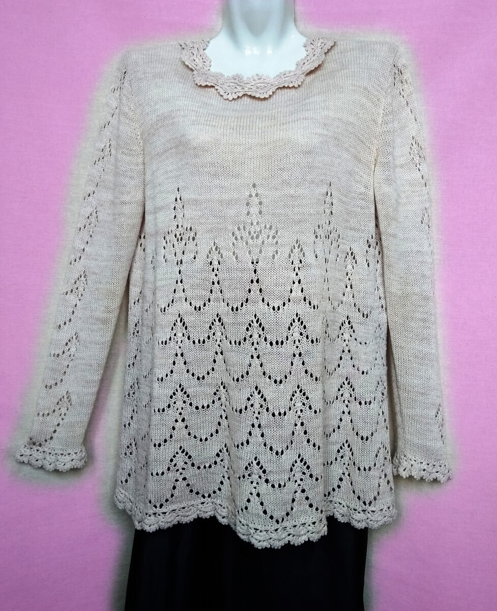 Ажурная кофточка-туника, связанная на машине Нева-5