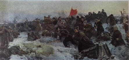 Художники Дмитриевский, Евстигнеев и Прокопинский. «Рождение Красной Армии, первый бой с немцами под Псковом в 1918 году», 1954 г. В центре картины виден комиссар Дыбенко. Фото: Центральный музей Вооружённых Сил СССР.