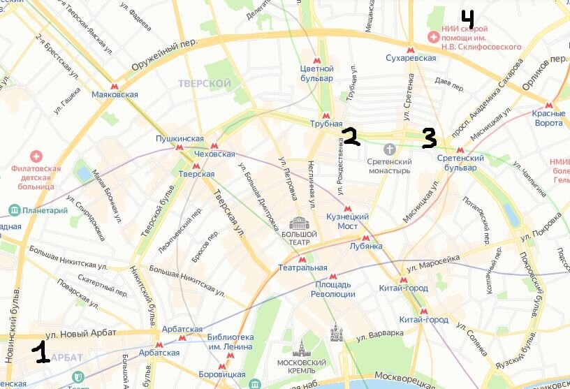 Общая схема. 1 - картины Поленова "Бабушкин сад" и "Московский дворик". 2 - картина Перова "Тройка". 3 - картина Маковского "На бульваре". 4 - картина Саврасова "Сухарева башня" (передний план - довольно далеко от башни)