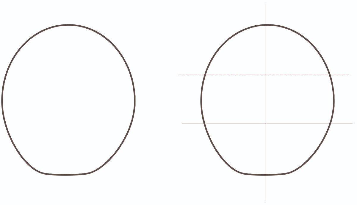 Этап 1. Рисуем фигуру в виде куриного яйца. Этап  2. Проводим посередине ось (центральную вертикальную линию). Затем  горизонтальными линиями делим нашу фигуру на три части (обратите внимание, что верхняя горизонтальная линия отмечена красным цветом, что нам понадобится ниже).