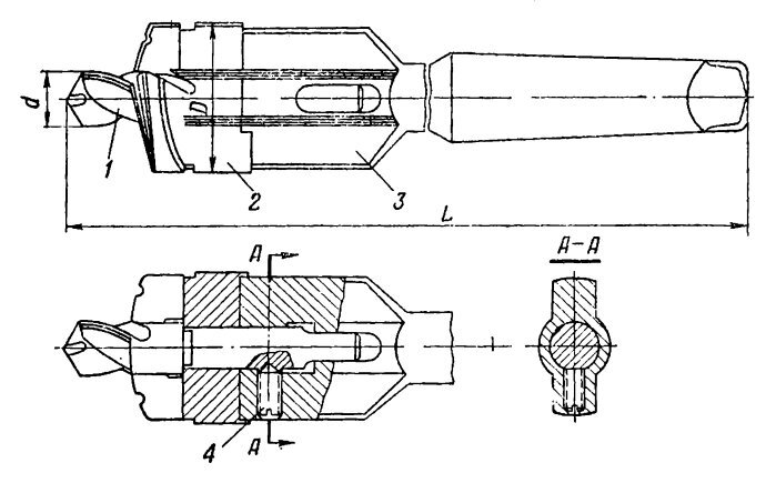 Сверло-зенкер: 1 – сверло; 2 - зенкер; 3 - оправка; 4 - стопорный винт