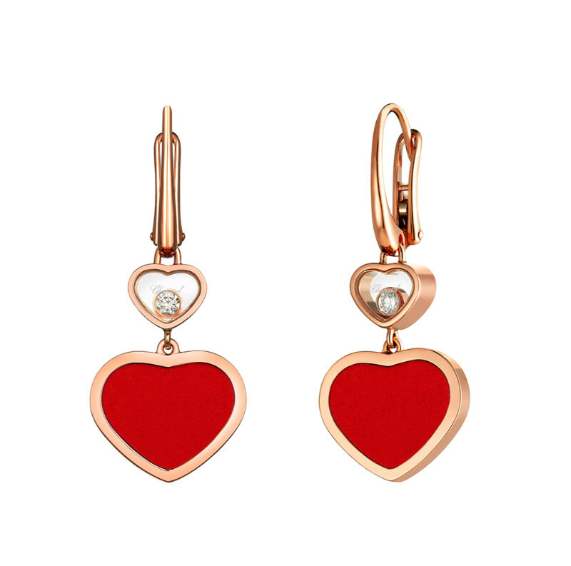 Серьги Chopard Happy Hearts из розового золота с плавающими бриллиантами и вставками красного цвета