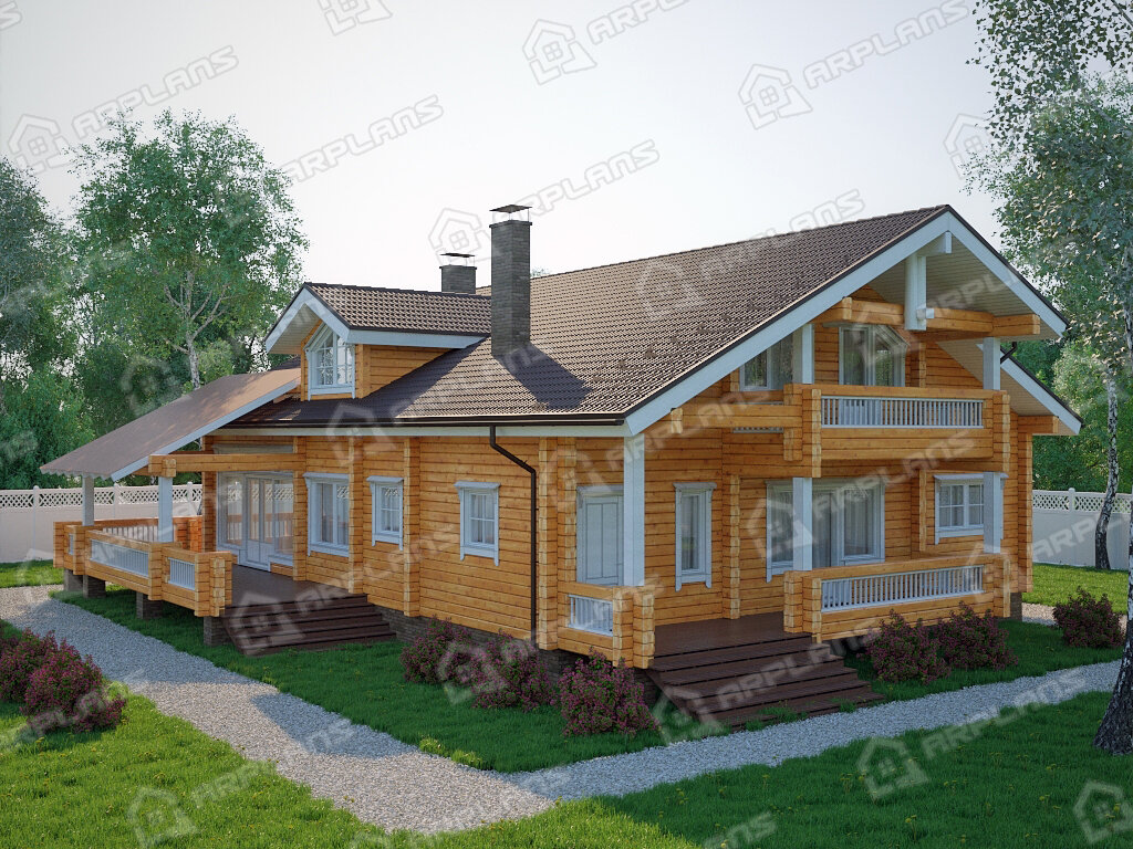 Фото 2 двухэтажного дома из бруса с мансардой, 3 спальнями, газовой котельной, балконом, вторым светом, газовой котельной и террасой. Общая площадь 280 кв м. Источник arplans.ru Проект ДС-095
