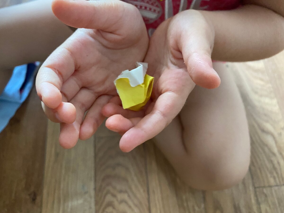 Потом мы смяли каждый и Катя приклеила их к дереву. Фото из личного архива