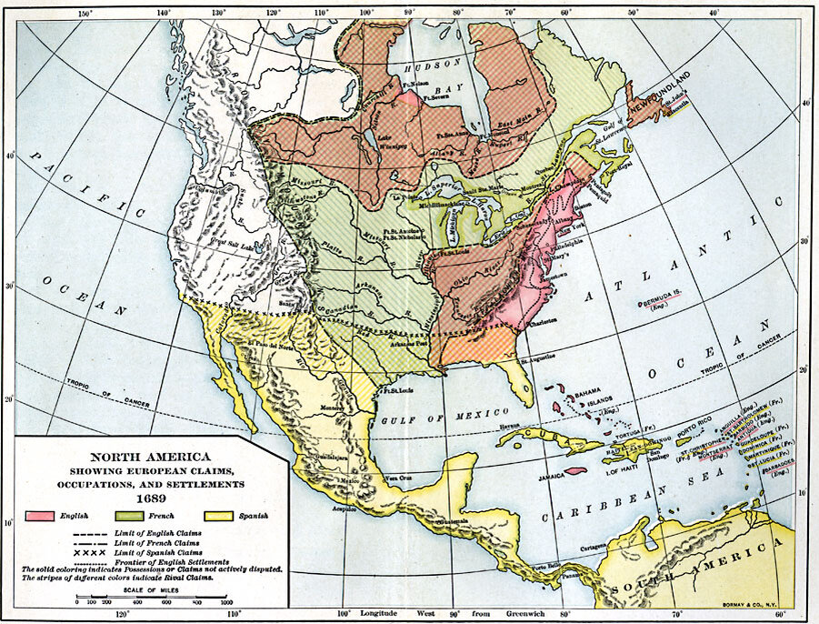 Карта Северной Америки к 1689 г., показывающая европейские претензии, захваты и поселения.