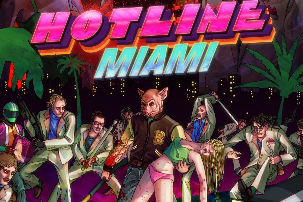 Титульное изображение игры Hotline Miami, на котором изображены главные лица сюжета