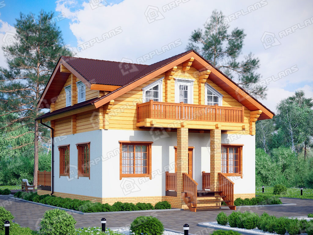 Фото 1 комбинированного дома из газобетона и бревна с мансардой, 3 спальнями, гостевой, балконом, топочной и террасой. Общая площадь 130 кв м. Источник arplans.ru Проект А-031