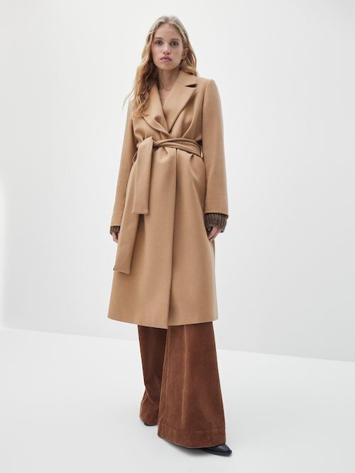 Шерстяное пальто-халат Massimo Dutti