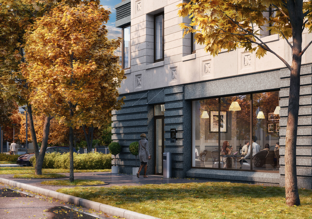 На территории клубного дома FUTURIST на Барочной улице 4 есть прогулочная аллея под грушевыми деревьями, фигурные скамейки из дерева, узорчатые дорожки из камня и брусчатки и вечерняя художественная подсветка.  