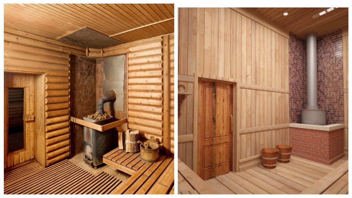 Организация парового кармана. Паровой карман на фото справа больше, чем на фото слева, а  значит комфорт прибывания в такой парной будет выше.