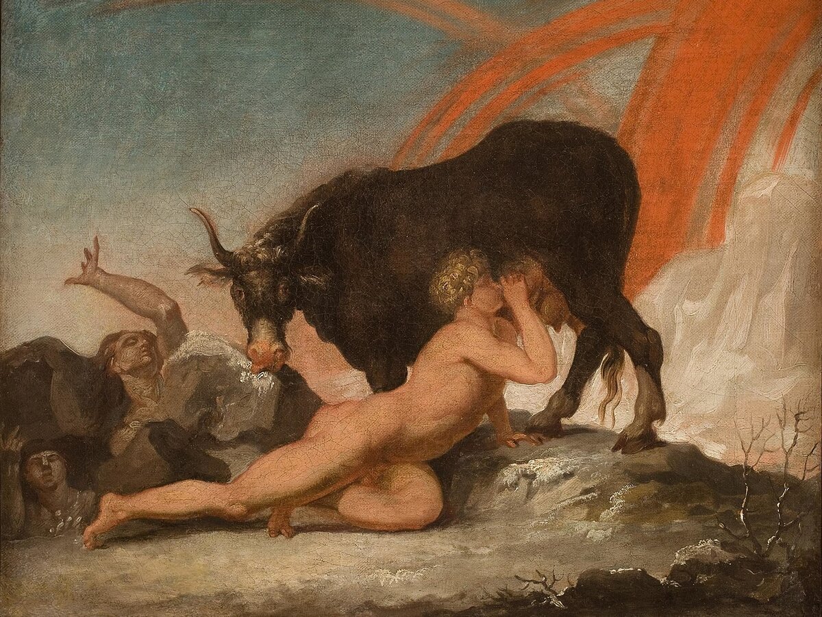 Культ коня с женщиной. Николай Абрахам Абильгор. Аудумла Скандинавская мифология. Абильдгор Николай Абрагам художник. Великан Имир и корова Аудумла