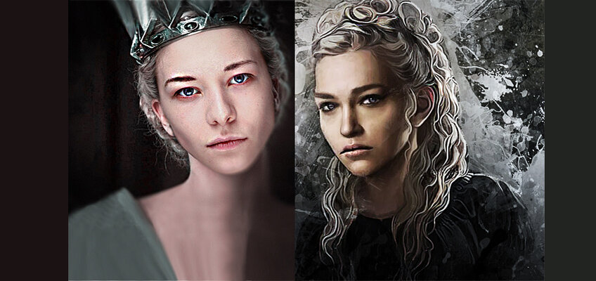 "Дом Дракона". Эмма Д'Арси в образе Рейниры и арт Рейнира Таргариен. pbs.twimg.com