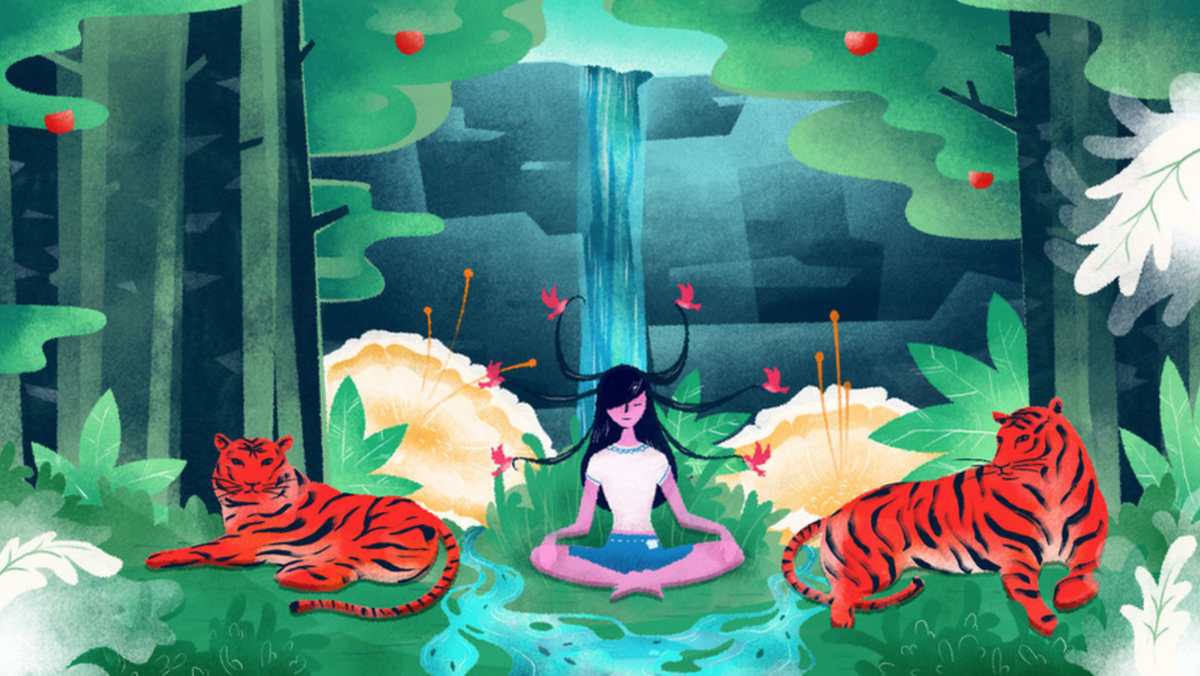 Медитирующая в лесу девочка в окружении двух красных тигров