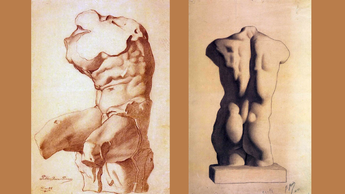Пабло Пикассо. 1893 (художнику 12 лет). 1. Академический рисунок торса. Музей Пикассо, Барселона. 2. Мужской торс из гипса. Музей Пикассо, Париж