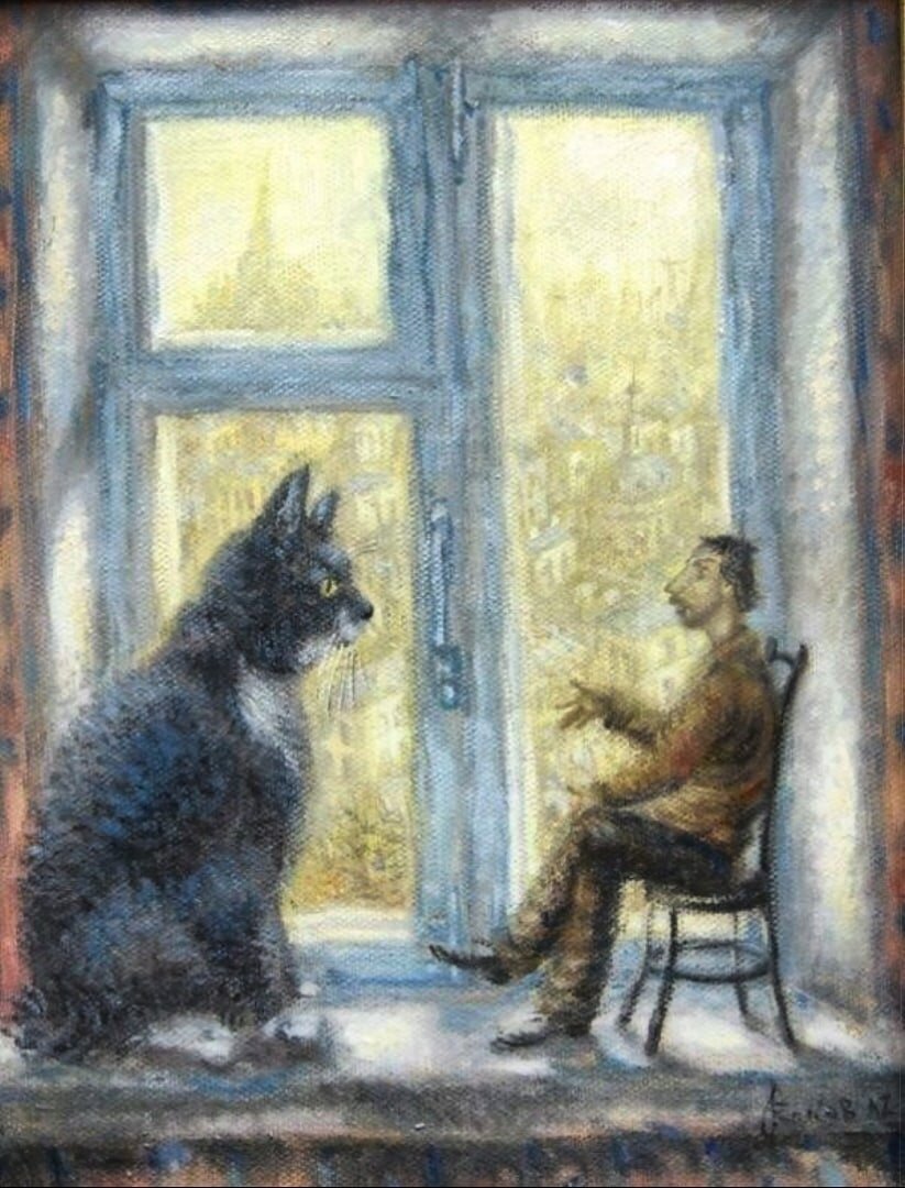 Человек и кошка вместе. Человек и кошка живопись. Разговор человека и кота живопись. Человек и кошка у окошка.