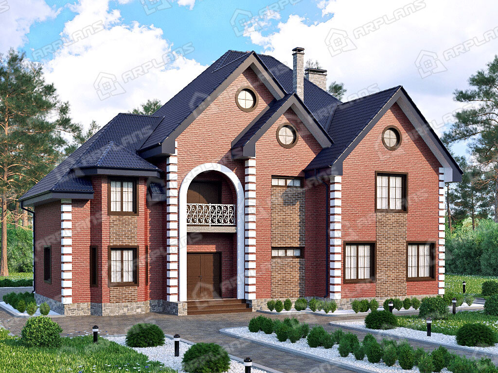 Фото 1 трёхэтажного дома из блоков с мансардой, 8 спальнями, гостевой, балконом, газовой котельной, эркером и гаражом. Общая площадь 429 кв м. Источник arplans.ru Проект К-255