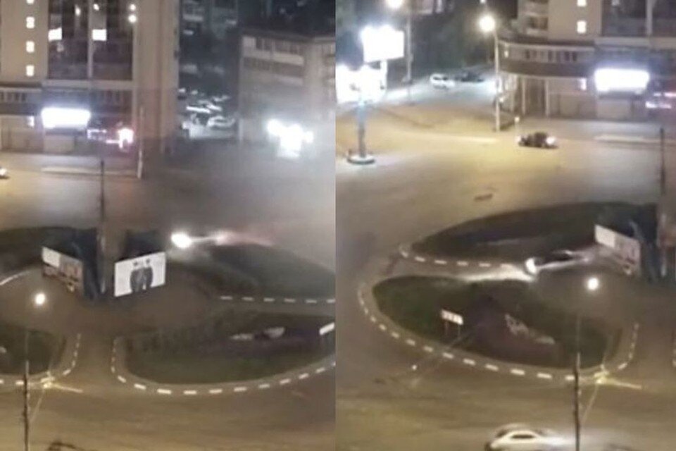     В Новосибирске ночной гонщик не вписался в поворот и залетел на газон на площади Лунинцев. Фото: Кадр из видео\"АСТ-54"