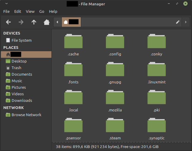 Шаг 1: Открываем файловый браузер и идём в домашнюю папку. Делаем доступным для просмотра скрытые файлы через меню 'Вид', расположенное сверху. Нас интересует папка '.conky'. Открываем.