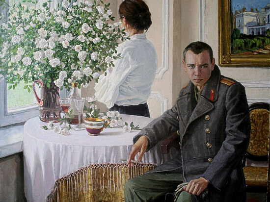 Автопортрет в картине "Белый шиповник".