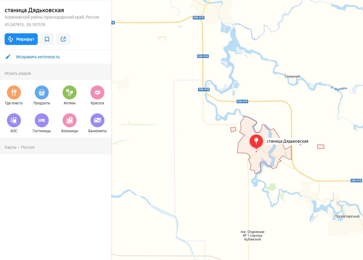 расположение станицы Дядьковская. источник Яндекс Карты