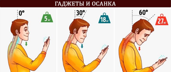 Наклонив голову всего на 15 градусов нагрузка на позвоночник увеличивается до 12 кг, при наклоне в 30 градусов нагрузка вырастет до 18 кг, а при наклоне в 60 градусов нагрузка достигает 27 кг.
