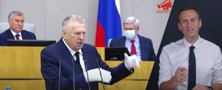 В. Жириновский на высокой трибуне Парламента обличает А. Навального.