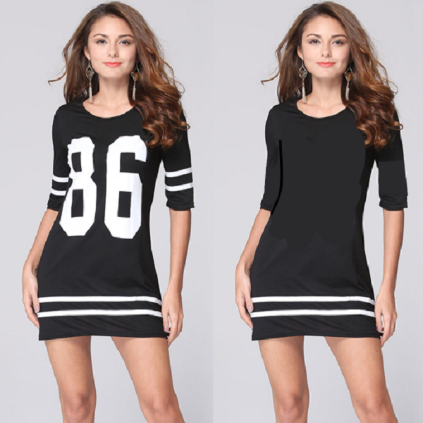 Платье с надписью визуально увеличивает фигуру в области груди и живота