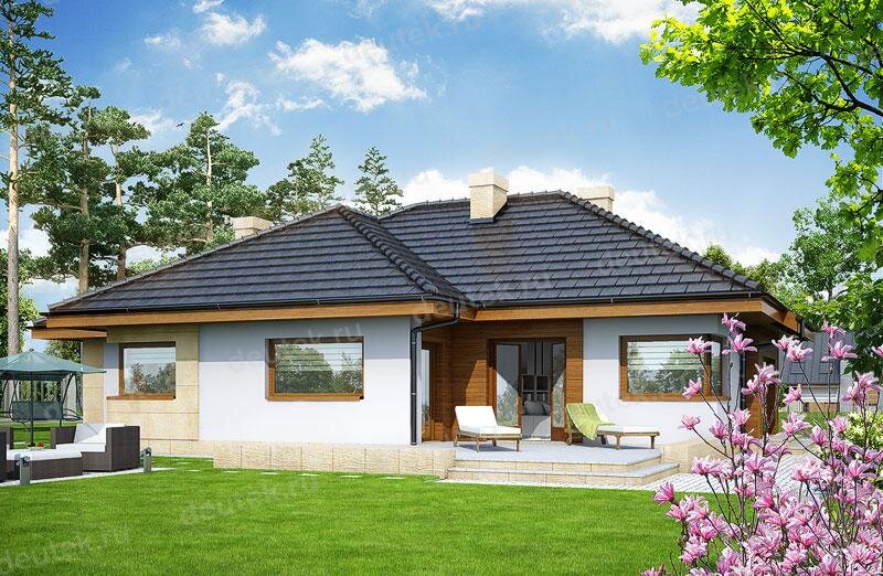 Проект одноэтажного дома 139 м2 с гаражом, эркером и террасой - DTV100126