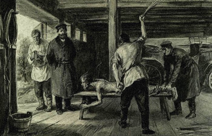 Барин жестоко наказывает крепостного