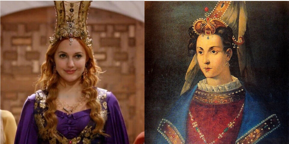 Хюррем Хасеки-султан (1- Мерьем Узерли в роли Роксоланы, 2- портрет настоящей Хюррем)