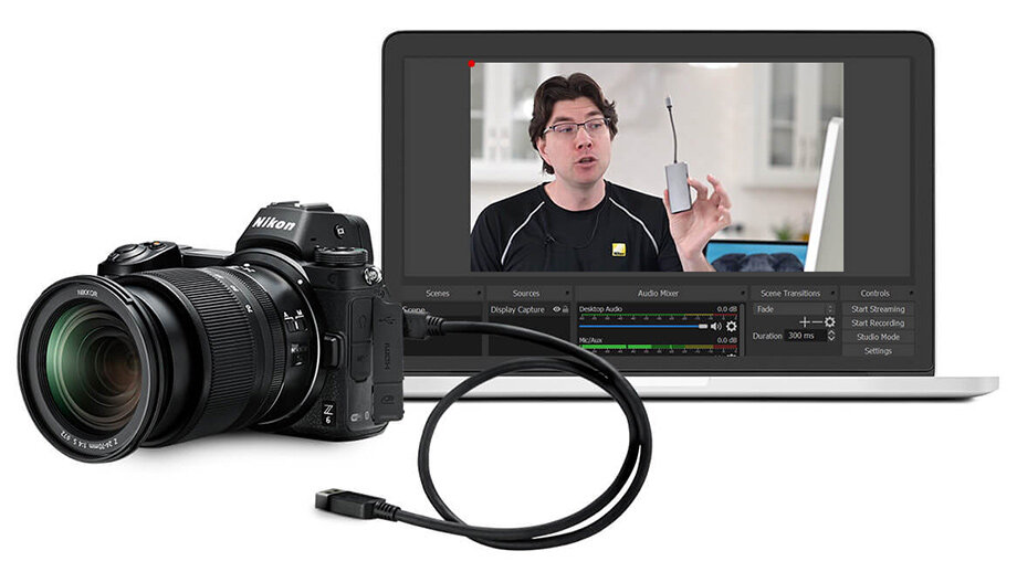 
Картинка с официального сайта демонстрирует вариант подключения по HDMI, программу OBS и MacBook