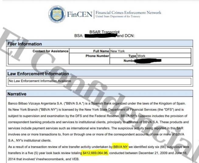 Документ, который BBVA отправил в FinCEN, www.elconfidencial.com