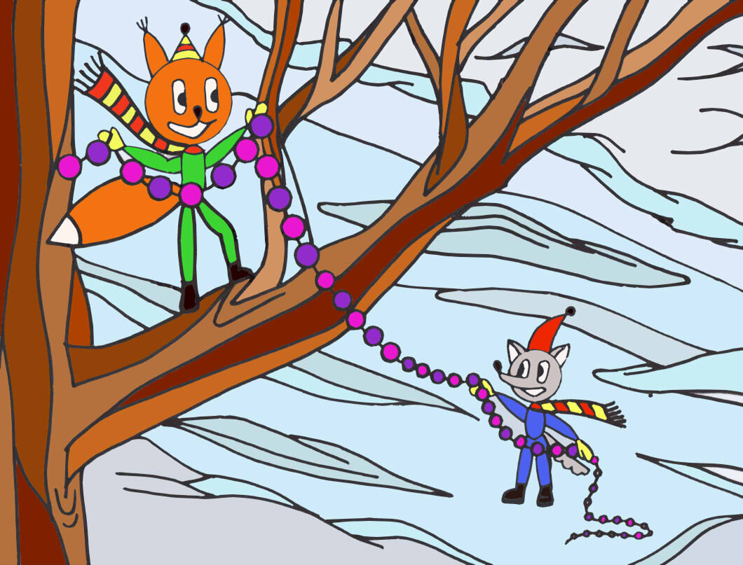 Ник и Бази развешивают праздничные лампочки.