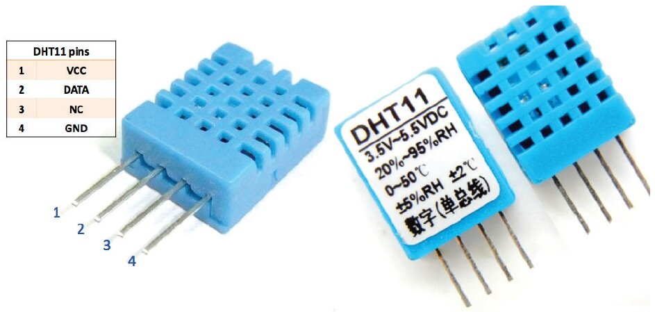 В этом эксперименте мы рассмотрим  датчик для измерения относительной влажности воздуха и температуры DHT11  и создадим проект вывода показаний датчика на экран ЖКИ WH1602.
 
 Необходимые компоненты:
 • контроллер Arduino UNO R3;
 • плата для прототипирования;
 • датчик DHT11;
 • LCD-экран WH1602;
 • резистор 50 Ом;
 • потенциометр 1 кОм;
 • провода папа-папа.
 • внешний блок питания +5 В.
 
 Датчик DHT11 (см. рис. 21.1) не отличается высоким быстродействием и  точностью, однако может найти свое применение в радиолюбительских  проектах из-за своей невысокой стоимости. Датчик DHT11 состоит из  емкостного датчика влажности и термистора. Кроме того, датчик содержит в  себе простенький АЦП для преобразования аналоговых значений влажности и  температуры.
 
 
