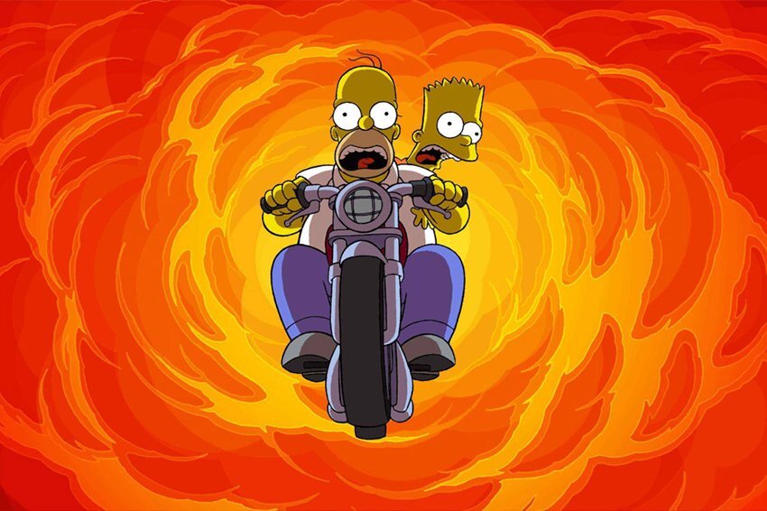 Гомер и Барт едут на мотоцикле.