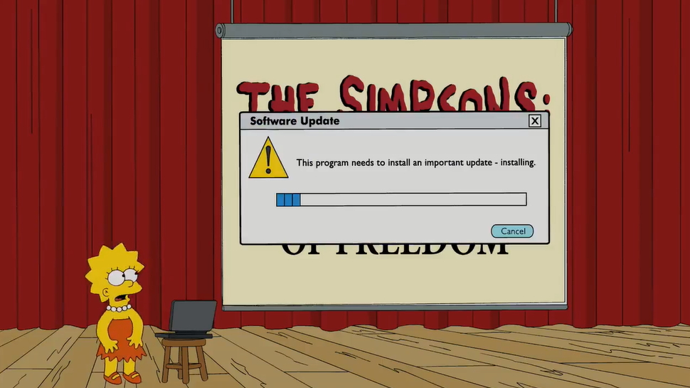 Внезапное "очень важное" обновление выскочило во время презентации Лизы. Все мы знаем, как минимум, одну назойливую программу с её обновлениями :D //Симпсоны (The Simpsons), s21e13 © 20th Century Fox Film Corporation
