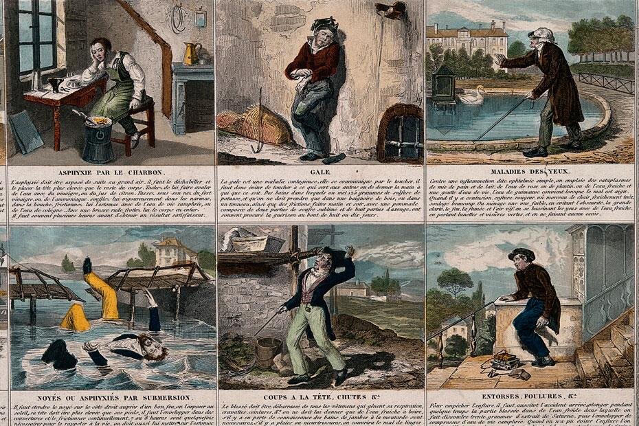 Иллюстрации: Первая помощь в различных ситуациях (F. Laguillermie and Rainaud. Twenty Four Maladies and Their Remedies. Coloured line block. Франция. 1880 год) 