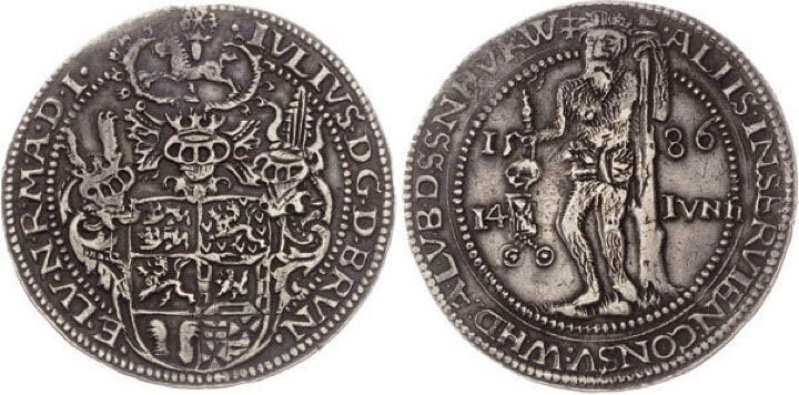 Брилленталер 1586 года.  http://www.coingallery.de/Texte/Brillentaler.htm (Roggenkamp Walter Die Botschaft des Brillentalers // Numismatisches NachrichtenBlatt. — 1983. — № 4. — S. 93.)