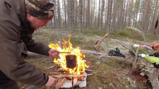 ЗАБРАЛСЯ ДАЛЕКО В ГЛУШЬ. НЕТ ВОДЫ ТОПЛЮ СНЕГ. УДИВИТЕЛЬНАЯ ПРИРОДА КАРЕЛИИ. ПРИВАЛ В ТАЙГЕ. ПОИСК В ЛЕСУ. У ТАЁЖНОГО КОСТРА.