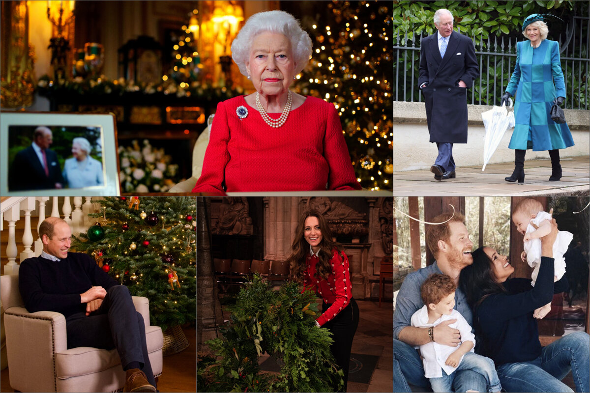 Коллаж: 1) Кадр из рождественского выступления Ее Величества Елизаветы II (фото с официального сайта королевской семьи: https://royal.uk); 2) Принц Уэльский и герцогиня Корнуольская направляются на рождественскую службу (фото из твиттера Кларенс-хауса: https://twitter.com/ClarenceHouse); 3) герцог Кембриджский принимает участие в рождественской передаче Radio Marsden (фото из твиттера Radio Marsden: https://twitter.com/RadioMarsden); 4) герцогиня Кембриджская принимает участие в украшении Вестминстерского аббатства (фото из твиттера Кенсингтонского дворца: https://twitter.com/KensingtonRoyal); 5) рождественская открытка герцогов Сассекских 2021 г. (фото из твиттера Daily Mail: https://twitter.com/DailyMailUK)
