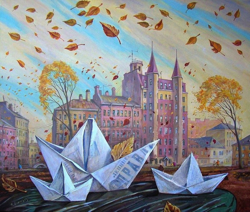 Кирилл Аланнэ. Навигация в осенний период. Холст, темпера 50х60.